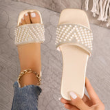 Breakj Version Of The Square Head Type Pearl Flat Slippers Female African Fashion A Foot Pedal Home Slippers Female