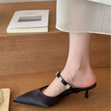 Breakj Summer New Fine Heel High Heels Pure Color Flower Pointed Sandals Sweet Sexy Back Empty Slippers
