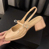 Heels Mary Jane Sandals Women 2023 Summer Red Patent Leather Slingbacks Pumps Woman Square Toe Thick Heeled Shoes