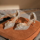 Sequin Crystal Wedding Shoes 2023 New Hollow Single Shoe Shallow Mouth Female Pointed Head Sexy Fashion