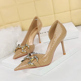 Breakj Banquet High Heels Fine Heel High Heel Shallow Tip Side Hollow Out Metal Diamond Buckle Single Shoes Women's