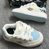 Breakj Leopard Print Leather Blue And White Color Bread Shoes Women's Niche Versatile Skateboard Shoes Casual Low-Top Platform Sports
