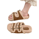 Slippers Female 2024 Autumn / Winter New Korean Version Of Fashion Color Stitching Soft Wool And Velvet Belt Buckle