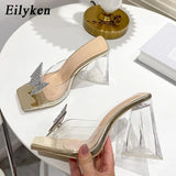 Fashion Rhinestone Bowtie Buckle Slippers Women Summer PVC Transparent Jelly Sandals Crystal Perspex Heels Ladies