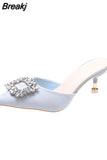 Female 2023 High Quality Mules Pumps Summer New Square Rhinestone Women Slippers Sexy Pointed Toe Thin Heels Party