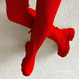 Breakj Cylinder Flying Breathable Knee Boots Women's Leather Knitting Thin Thick Bottom Socks Boots