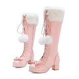 Lolita High Boots Winter Warm Fur Neck Girls Cosplay Party JK Princess Shoes Lace Up Bowtie Chunky Heel Side Zipper PU
