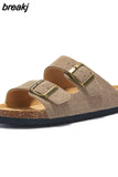 New Summer Beach Holiday Women Cork Slipper Casual Buckle Non-slip Outside Nubuck Leather Slides