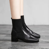 Toe Ankle Boots Autumn Knitted Elastic Woman Short Boots Fashion Slip-On Women Boots Women's Soft Leather Botas