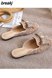 Crystal Ladies Slippers Mules Slides Slippers Women Shoes Bow Knot Square toe Square Flat Shoes Woman