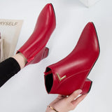 Women Boots Casual Leather Low High Heels Spring Shoes Woman Pointed Toe Rubber Ankle Boots Black Red Zapatos