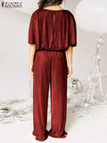 Fashion Rompers ZANZEA Summer Half Sleeve Loose Rompers Women Solid Satin Jumpsuits Casual O Neck Playsuits Long Solid