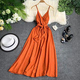 Maldives Holiday Dress Sexy Backless Straps V-neck Dress Women Solid Color Thai Seaside Maxi Long Big Swing Fairy