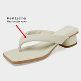 Size 33-40 Women Sandals Real Leather Flip Flops Medium Heel Summer Shoes For Women Slippers Casual Home Outdoor