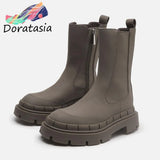 2021 Brand New Women Solid Zipper Ankle Waterproof Riound Toe Platform Boots Womrn Chunky Heel Luxury Casual