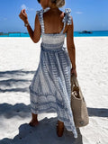 Women Sexy Printed Backless Ruffle Long Dress Summer Off Shoulder Tie-up Suspender Dress New Slash Neck High Waist Boho