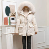 New Winter Women Thick Warm Large Real Fur Hooded Down Jacket 90% White Duck Down Coat Waist Retractable Parker