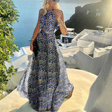 Women Sexy O Neck Halter Print Summer Dress Casual Bohemia Sleeveless Beach Holiday Long Dresses Elegant Slim