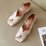 Sandals Shoes Women Genuine Leather Ankle Strap Shoes Med Thick Heel Sandals Square Toe Cow Leather Lady Sandals