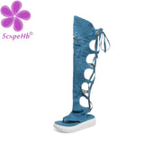 Women Roman Hollow Pinch High Tube Sandals Straps Wedge Heel Casual Large Size Female Denim Jeans Over The Knee Tong Toe