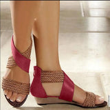 New Fish Mouth Leather Canvas Women Weave Wedge Heel Shoes Zipper Sandals Casual Beach Sandals Roman