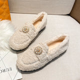 Lambswool Moccasins women warm plush winter shoes woman espadrilles comfy fleeces loafers crystal pearl fur flats plus
