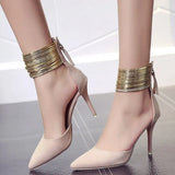 2020 Spring Autumn Women Pointed Toe Flock Pumps Curve Super High Party Fashion Metal Strap Shoes Ladies