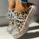 Woman Spring Leopard Print Canvas Fashion Sneakers Rhinestone Sequin Flat Wild Women's Shoes Youth Casual Shoes Plus