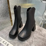 Boots Female Korean Version Retro Square Head Back Zip Fashion Boots 2023 New Thick Heel Platform And Velvet Martin