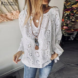 Bohemian Lace Tops Women's Summer Blouses ZANZEA 2022 Casual V Neck Blusas Female Hollow Long Sleeve Embroidery