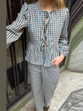 Plaid Print 2 Piece Sets Women Elegant Long Sleeve Ruffled Casual Shirts And Trousers Set High Street Ladies