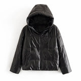 Women Thick Warm PU Faux Leather Padded Coat 2021 Winter Zipper Hooded Jacket Parka Long Sleeve Pockets Outerwear