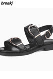 Size 34-40 Women Flats Sandals Genuine Leather Low Heels Summer Shoes For Women 2023 Trend Buckle Retro Heeled