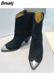 Toe Women's Knight Boots Elegant Genuine Suede Leather Short Boots Ladies Strange Heel Shoes Women Slip-on Mid-calf