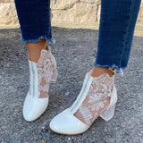 2021 New Woman Mesh Black Ankle Boots for Women Summer Square Heels Boots Sandal Ladies Round Toe Lace