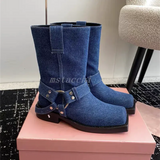 Toe Denim Boots For Women Star Style Low Heel Women's High Boots Leisure Luxury Shoes Large Size Slip-on Western