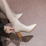 2020 New Women's Boots Fashion Ankle Boots Pointed Toe Square Heel Pu Women's Boots Black Beige Zapatos De Mujer