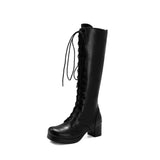 Women Knee High Boots Winter Platform Shoes Sweet Lace Up Purple Pink White Black Lolita Japanese Mori Girls BootsLarge Size