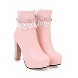 2022 Sweet Ankle Boots Lolita Appliques Platform Super High Heel Pearl Rivet Lace Cosplay Thick Sole Shoes Pink White Red