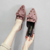Shoes Mules For Women 2024 Ladies' Slippers Rivet Cover Toe Butterfly-Knot Low Square heel Loafers Flock New Pointed
