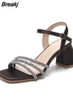Square Head Large Size Shoes Rhinestone High-heeled Sandals Female Outdoor Walking Pumps Sandalias De Verano Para