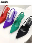 Summer New Women's Sandals Closed Toe Green Single Shoes With Thin Heel Mid-heeled Fashion Hollow Pointed Toe Women