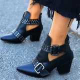 Pointed Toe Leather Ankle Boots Rivet Decor 2020 Fashion Woman Autumn Square Heels Women Female Buckle Pumps Zip