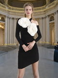 Fashion Design Dress Women 2025 Spring New Three-Dimensional Flowers Splicing High Sense Asymmetry Short Dress