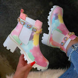 Ankle Boots Autumn Winter Rainbow Short Boots Square Heel Rhinestone Shoes Non-slip Fashion Thick Bottomn Footwear