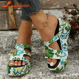 High Heeled Women's Slippers 2023 European Style Flower Pattern Comfy Walking Shoes Plus Size Summer Outside Lady