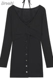 Bodycon Fake Two Dress Slim Woman Long Sleeve Vintage Black Dress Casual 2023 Autumn Korean Style Short Party Dress