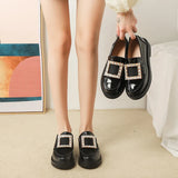 Crystal metal buckle oxfords british small leather shoes women 2023 slip on flats thick heels matte&shiny leather