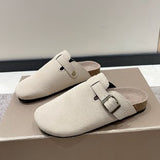 Breakj Size 35-45 Vintage Women's Shoes One Foot Flat Bottom Bag Head Half Slippers Women's Summer Wear Round Head Belt Buckle Cool