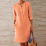 2020 Winter Autumn Button Cotton Linen Dress women Elegant O-Neck Knee length Long Sleeve Pocket Solid Dress Plus